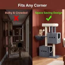 HaluPeit Monochrome Dark Gray Double Cave Cat Tree Style Cat Climbing Frame, 3 Thick Sisal Columns, Grand View Platform, Suitable For Small Apartments - Dark Grey - View 4