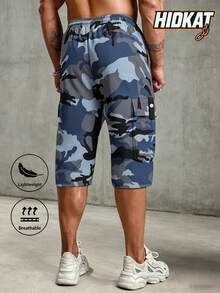 Hidkat Men's Summer/Autumn Camouflage Capri Cargo Pants, Lightweight Multi-Pocket Elastic Waist Drawstring Casual Sports Long Pants For Daily Outdoor - Blue - View 3