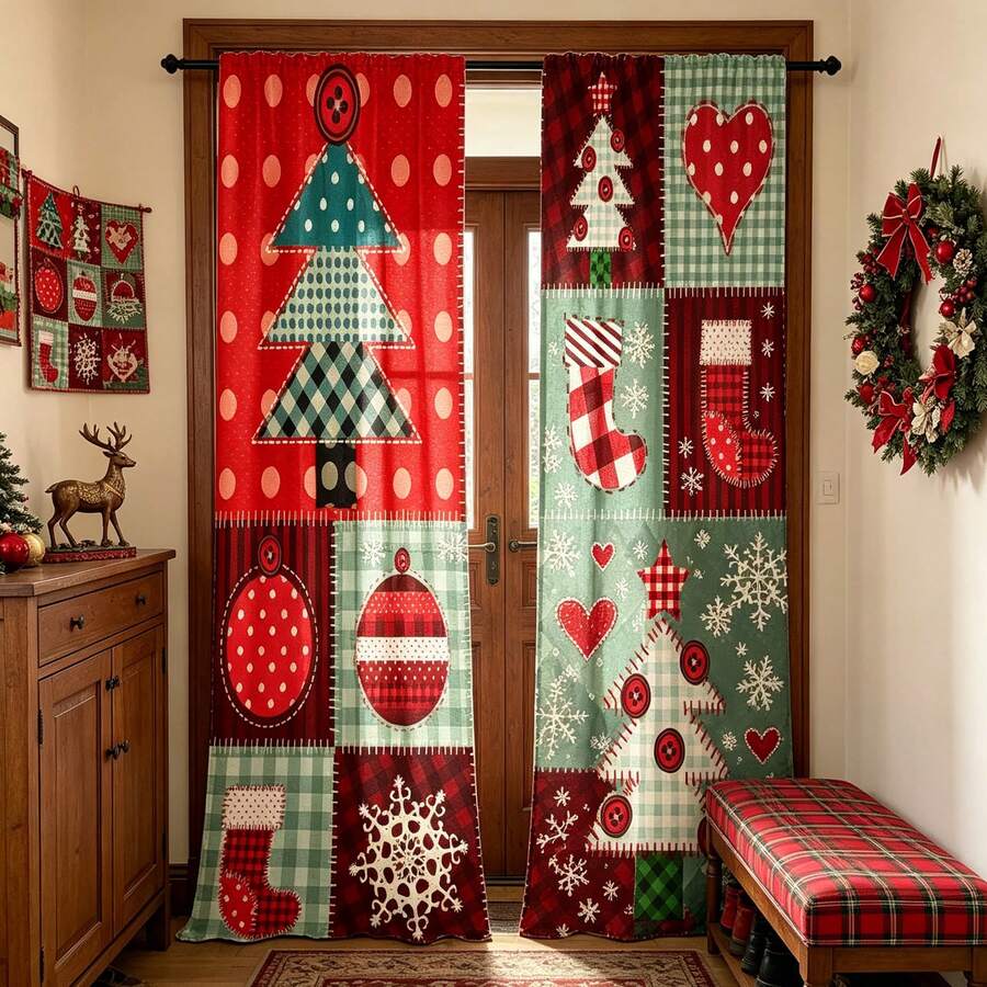 2pcs Christmas Style Fabric Patchwork Semi-Blackout Bedroom Curtains, 90GSM Polyester Semi-Sheer Privacy Protection, Christmas Style Living Room Curtains, Kitchen Curtains, Suitable For Home, Room, Kitchen Partition Or Decoration, Rod Pocket Design Easy Installation, Quick Dry, Water-Resistant, Non-Fading, Lightweight Removable Washable Curtains - Multicolor - View 1