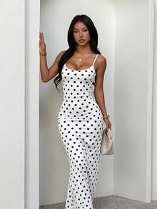 Women's Summer White Spaghetti Strap Polka Dot Print Fitted Dress, Casual Vacation Style - White - View 5