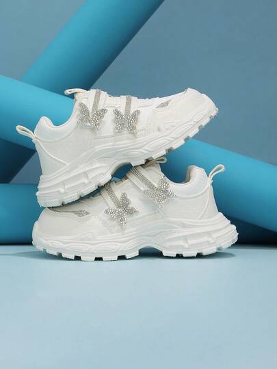 Girls' Pearlescent Shimmer White 3D Rhinestone Bow Hook & Loop Casual Sports Shoes, All-Season, Suitable For Daily Wear