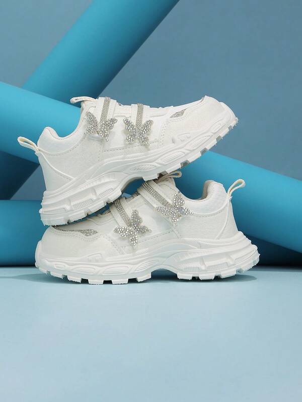 Girls' Pearlescent Shimmer White 3D Rhinestone Bow Hook & Loop Casual Sports Shoes, All-Season, Suitable For Daily Wear