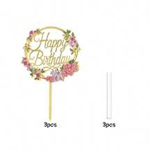 3 Stücke/1 Stück Gold Acryl Material Geburtstagskuchen Topper mit Blumenkranz und Blumen, geeignet für elegante Geburtstagsparty, Brautparty und Desserttisch Dekoration - Verschiedenfarbig - Übersicht 13