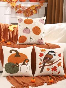 1 pièce/2 pièces Taie d'oreiller d'Halloween en canevas brodé Citrouille Feuille d'érable Oiseau Récolte d'automne Thanksgiving Canapé Salon Chambre Décoration de la maison Cadeau de fête - Vert - Voir 2