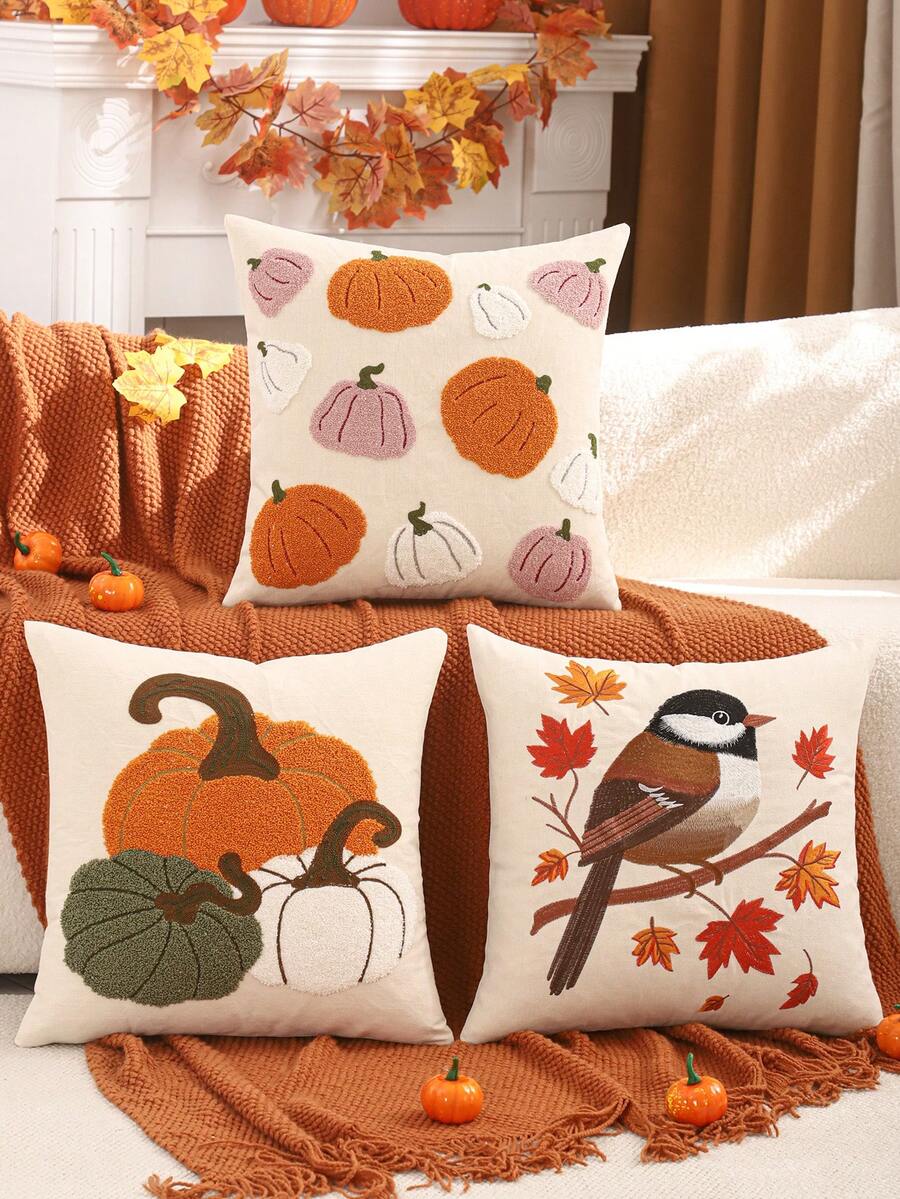 1 pièce/2 pièces Taie d'oreiller d'Halloween en canevas brodé Citrouille Feuille d'érable Oiseau Récolte d'automne Thanksgiving Canapé Salon Chambre Décoration de la maison Cadeau de fête
