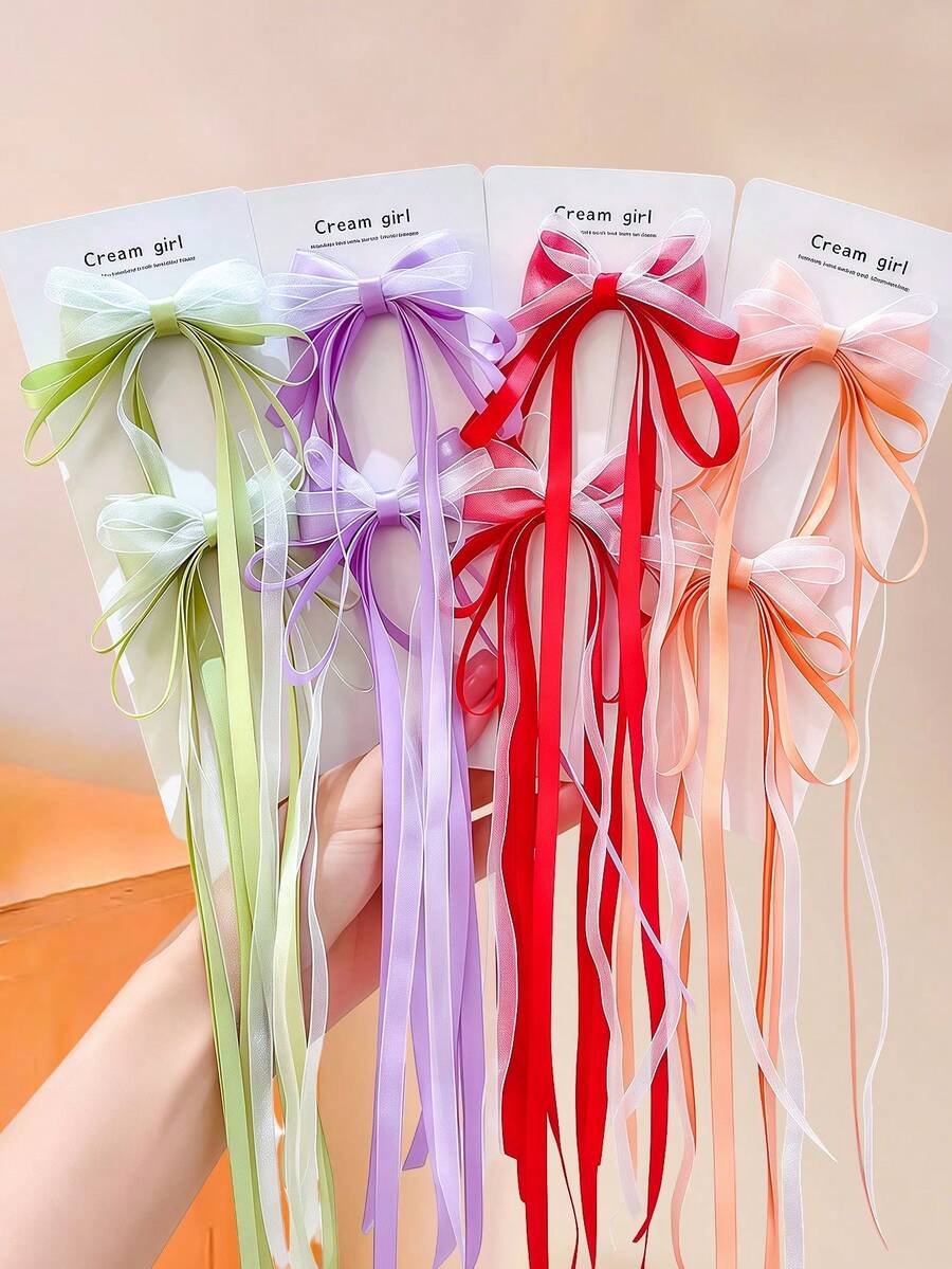8/4/2pcs Long Ribbon Bow Hair Clips, Durable And Gentle On Hair, Cute And Sweet Hair Accessories Suitable For Pigtails - Perfect For Girls And Teens, Daily Wear, Vacation, School, And Dates - Multicolor - View 1