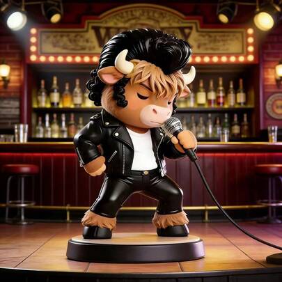 1pc Rock Singer Highland Cow Resin Figurine, Rock Star Bull Musician Desktop Decor Gift, Anime Gift, Suitable For Friend's Birthday, Anime Character Statue, Computer Decoration, Collectible Figurine