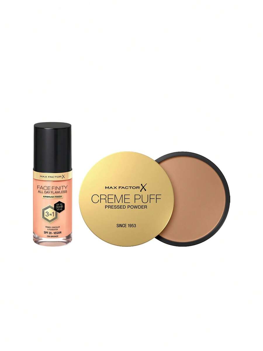 Max Factor [Bundle] Facefinity All Day Flawless 3 In 1 Vegansk Foundation C80 Bronze 30 ml + Creme Puff Powder Compact 42 Deep Beige 14 g - C80 Brons+42 Djupbeige - Visa 1