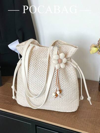 New Summer Beach Vacation Woven Tote Bag, Casual Commuter Shoulder Bag, Drawstring Closure Versatile Large Capacity Women's Bag