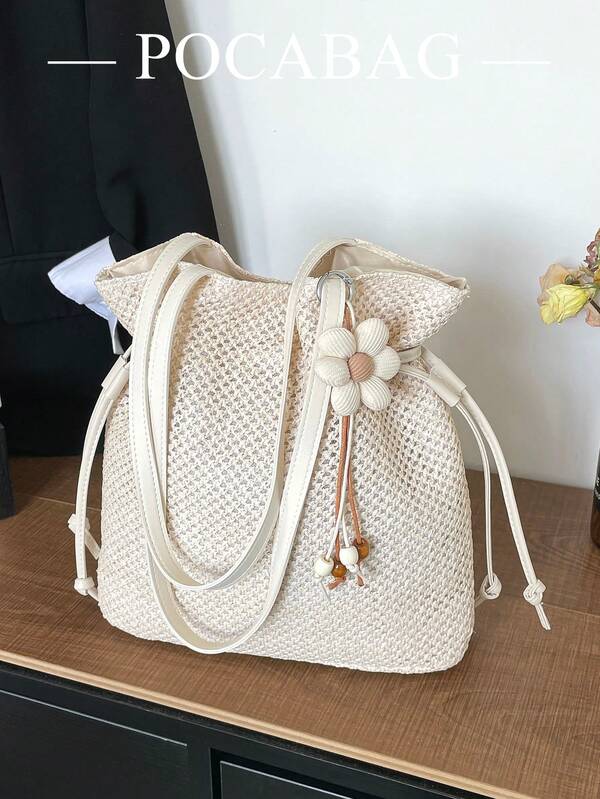 Nuevo bolso tote tejido para vacaciones de verano en la playa, bolso de hombro casual para uso diario, cierre con cordón, versátil y de gran capacidad para mujer