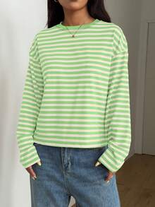Women's Casual Striped Colorblock Ribbed Top, Everyday Spring/Autumn Wear - Avocado Green - View 6