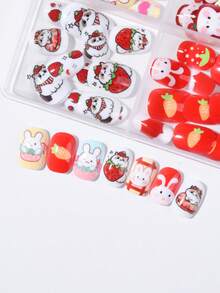96pcs (4 Styles)/Box, Short Oval Cute Rabbit, Cat And Strawberry Pattern Nail Stickers, Sweet Style Press-On Nails - 彩色 - 查看 4