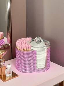 2-In-1 Rhinestone Plastic Storage Box, Dual Round Compartment Desktop Cosmetic Organizer, With Lid Modern Vanity Organizer, Bathroom Makeup Brush Lipstick Beauty Tool Storage Box, Women's Gift, Christmas Gift - Multicolor - View 8