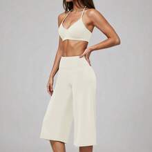 Women's 2 Pieces Summer Set, Backless Halter Top With Short Wide Leg Pants, Suitable For Vacation, Dating And Daily Wear. Sports Outfit - White - View 7