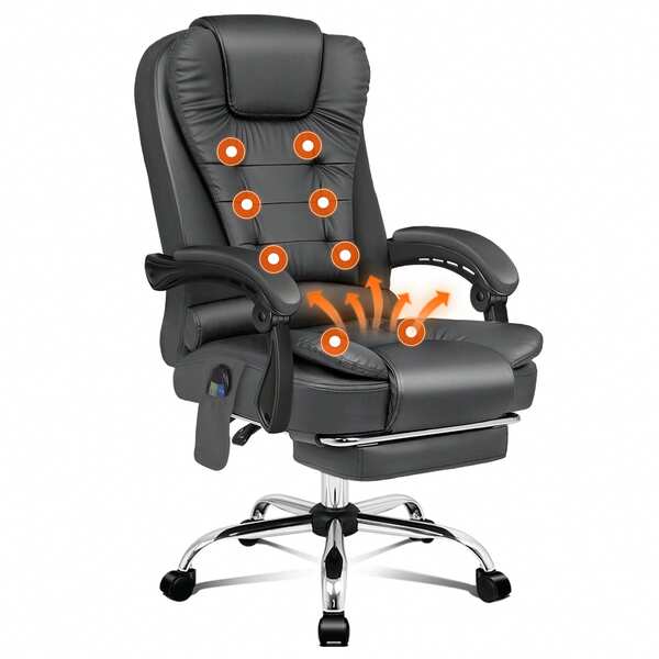 ELFORDSON Office Chair With 8-Point Massage And Seat Heating Computer Desk Chair With Footrest, High Back 150° Recliner Tilting Function PU Leather