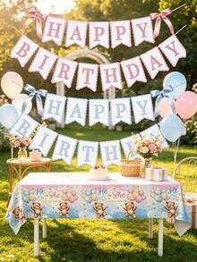 1 Set Gender Revealing Party Set Rosa Blau Geburtstagsbanner & Bär Geschlechter Tischdecke Baby Party Hintergrund Dekoration Geeignet für Outdoor Party Zubehör - Verschiedenfarbig - Übersicht 1