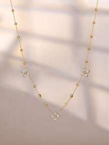 rundraw 2pcs Women's Gold-Tone Copper Pendant Necklace, Exquisite CZ Four-Leaf Clover Design, Suitable For Party, Dance, Daily Wear And Gift - Gold - View 4