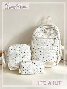 3pcs White Nylon Polka Dot Letter Patch Multi-Pocket School Backpack Set, Large Capacity College Student Bag, Crossbody Bag, Pencil Case, Travel Bag - White - View 2