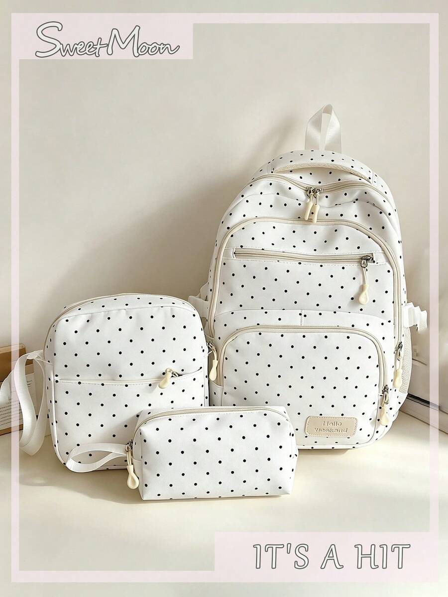 3pcs White Nylon Polka Dot Letter Patch Multi-Pocket School Backpack Set, Large Capacity College Student Bag, Crossbody Bag, Pencil Case, Travel Bag