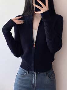 女款秋冬休閒極簡修身拉鍊針織開襟毛衣外套 - 藏蓝色 - 查看 3