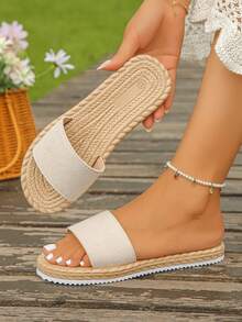 Women's Beige One Strap Flat Slides, Imitation Rope Sole With Metal Decor, Summer Beach Vacation Sandals - Beige - View 6