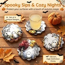 4pcs Farmhouse Style Halloween Wooden Coasters, 5mm Thick Watercolor Ghost Pumpkin Non-Slip Drink Coasters, Autumn Tabletop Home Decor - Multicolor - View 3