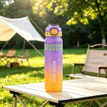 Gradient Frosted Sports Water Bottle, Push-Button Pop-Up Straw + Portable Strap, 1L Large Capacity Leak-Proof Travel Cup, Geometric Print Highly Attractive Water Bottle, Suitable For Outdoor Camping, Hiking, Office, Daily Use, 4 Gradient Colors Available - Multicolor - View 2