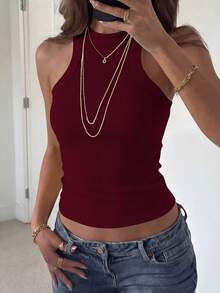 女款夏季休閒白色Y2K辣妹風圓領無袖背心 - 酒紅色 - 查看 4