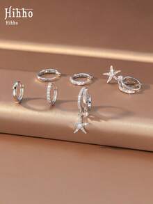 Hihho 3 Pairs Super Shiny Fashionable Versatile Sparkling Zirconia Starfish Series Earring Set, Minimalist High-End Women's Jewelry Earrings Suitable For Daily Wear, Summer Beach, Campus, Holiday Party Decoration - Earrings Set - View 7