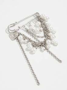 1pc Sweet Cool Retro Faux Pearl Chain Brooch Pin, Decorative Shorts Hem Chain - Silver - View 4