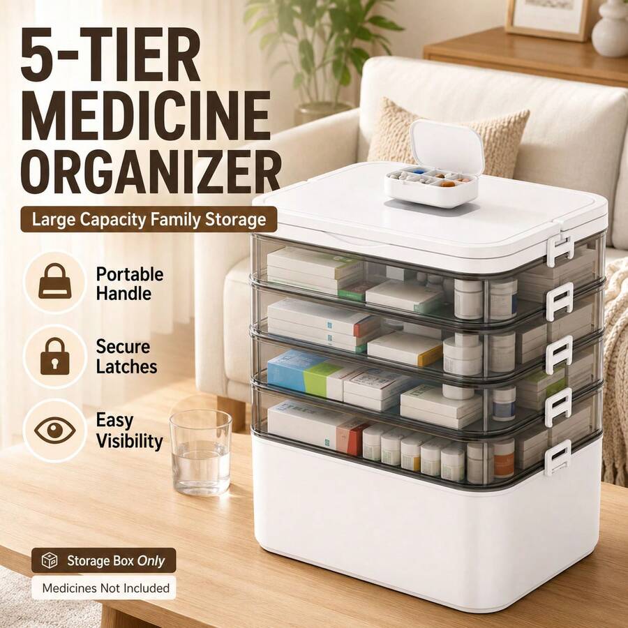 Caja de pastillas portátil de 5 capas con asa, caja de almacenamiento de primeros auxilios para el hogar de gran capacidad con compartimentos transparentes y cierre , adecuada para el hogar y los viajes - Multicolor - Ver 1