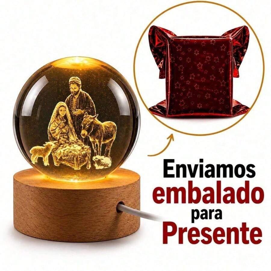 Luminária Cristal de mesa Nossa Senhora Aparecida Padroeira do Brasil Fé LED Presente Natal Bola Vida - nasci de jesus p presente - Visão 1