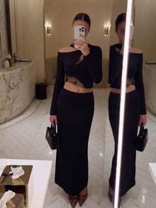 ODALIA Women's Elegant Black 2-Piece Set, One-Shoulder Long Sleeve Cropped Top Paired With Elegant Slim-Fit Long Skirt, Decorated With Semi-Transparent Lace And Hollow-Out Design, Summer Casual 2026 New Arrival, Fall Set, Women's Autumn/Winter Clothing, Women's Elegant Outfit, Back To School - Black - View 5