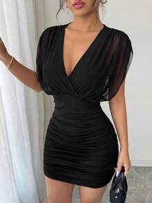 abyoxi Women's Black Mesh Patchwork, Criss-Cross V-Neck, Ruched Cinched Waist, Cap Sleeve Mini Dress, Sexy Elegant, Young Hot, Spicy Girl, Party, Date, Formal Dinner, Summer Fall Bodycon Short Dresses - Black - View 6