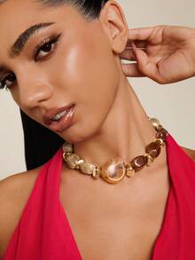 Altistry 1pc Fashionable Vintage Exaggerated Bohemian Style Thick Brown Acrylic Beaded Necklace For Women - Multicolor a - View 5