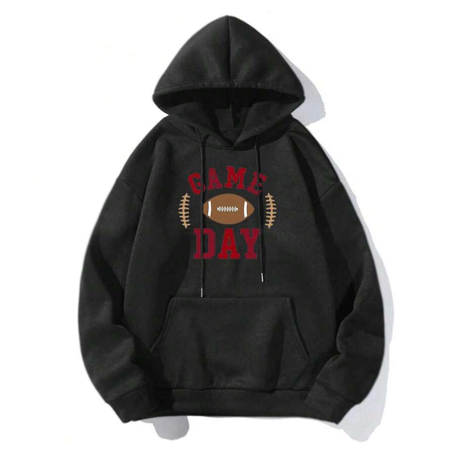 American Football Print Hoodie, Warm Hooded Jacket, New Loose-Fit Printed Style - 黑色1 - 查看 1