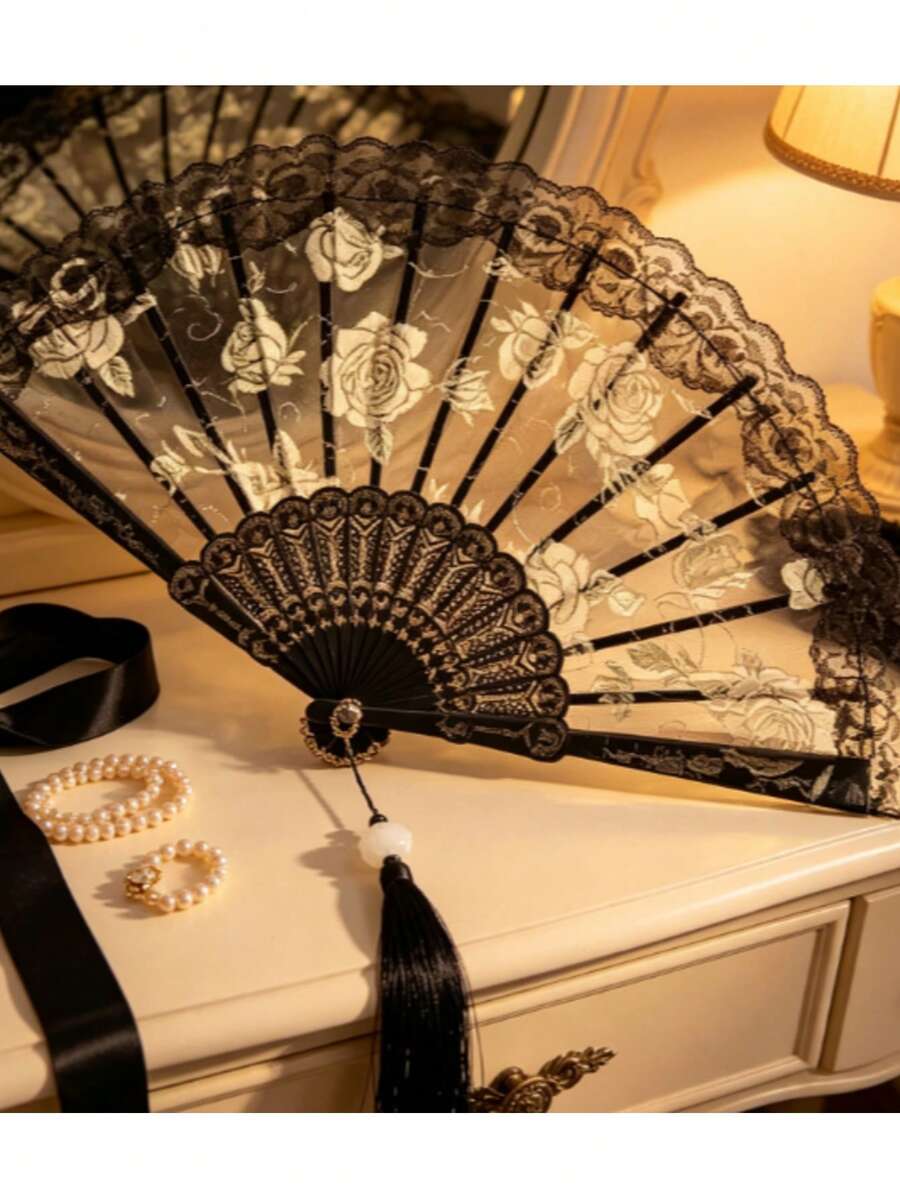 Gothic Black Lace Rose Folding Hand Fan, Elegant Vintage Floral Pattern With Tassels, Women's Cosplay Wedding Photo Decoration Handheld Fan - Multicolor - View 1