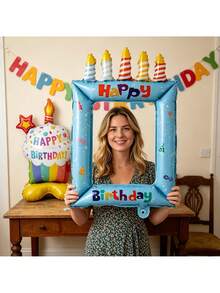 2pcs Blue Happy Birthday Print Colorful Candles Birthday Cake Photo Frame Balloon Base Birthday Cake Balloon Set Suitable For Birthday Party Decoration Props - Blue Candle Cake Photo Frame - View 5