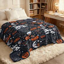 1pc Soft Comfortable Modern Flannel Blanket - Vintage Pumpkin Black Cat Ghost Crescent Moon Skull Halloween Flannel Fleece Blanket Black Full Print Bat Star Cartoon Bedroom Sofa Nap Throw Blanket - Digital Printing Craft, Suitable For Sofa, Bed, Travel, Office Home Decor - Multicolor - View 4