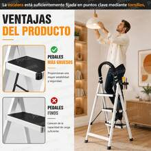 Escalera plegable, 3 peldaños. Escaleras plegables para el hogar, escaleras de acero inoxidable con pasamanos antideslizantes, escalera de tijera portátil para el hogar, la oficina, la cocina, el garaje. - Blanco - Ver 6