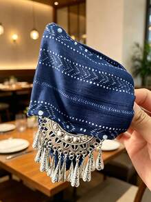 1pc Women's Sweet Elegant Navy Blue Printed Silver Ornament Tassel Hair Claw Clip, Bohemian Exotic Travel Daily Vintage Atmosphere Headpiece - Multicolor - View 3