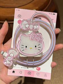 SANRIO Hello Kitty DIY 數據線充電器保護套 數據線收納標記防盜款 高品質 適用 17 16 15 14 13 12 11 手機 20W 充電適配器，買家需手動 DIY 黏貼配件 - 粉紅色大蝴蝶結KT - 查看 2