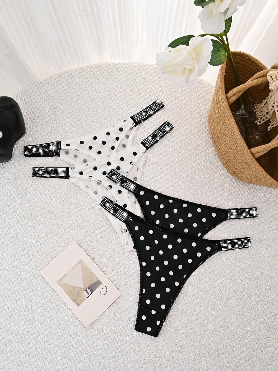 4pcs Polka Dot Rhinestone Letter Decor T-Back Low Waist Sexy Comfortable Women's Panties - Multicolor - View 1