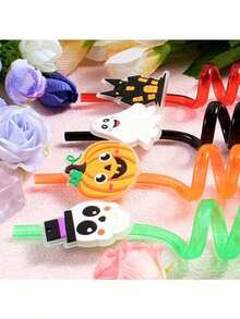 2pcs/Set Shiny Halloween Themed Straws, Made Of Durable And Reusable PET Material, Designed With Bat, Skull, Pumpkin And Witch Spider Patterns. Perfect For Birthday Parties And Spooky Halloween Party Gifts. - Multicolor - View 3
