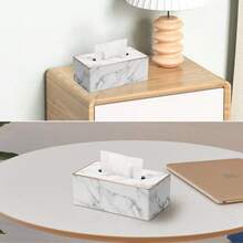 1pc Gold Trim PU Leather Tissue Box, Marble Pattern Tissue Box (Random Style), Home Decor, Room Decor, School Must-Haves - Black and White - View 6