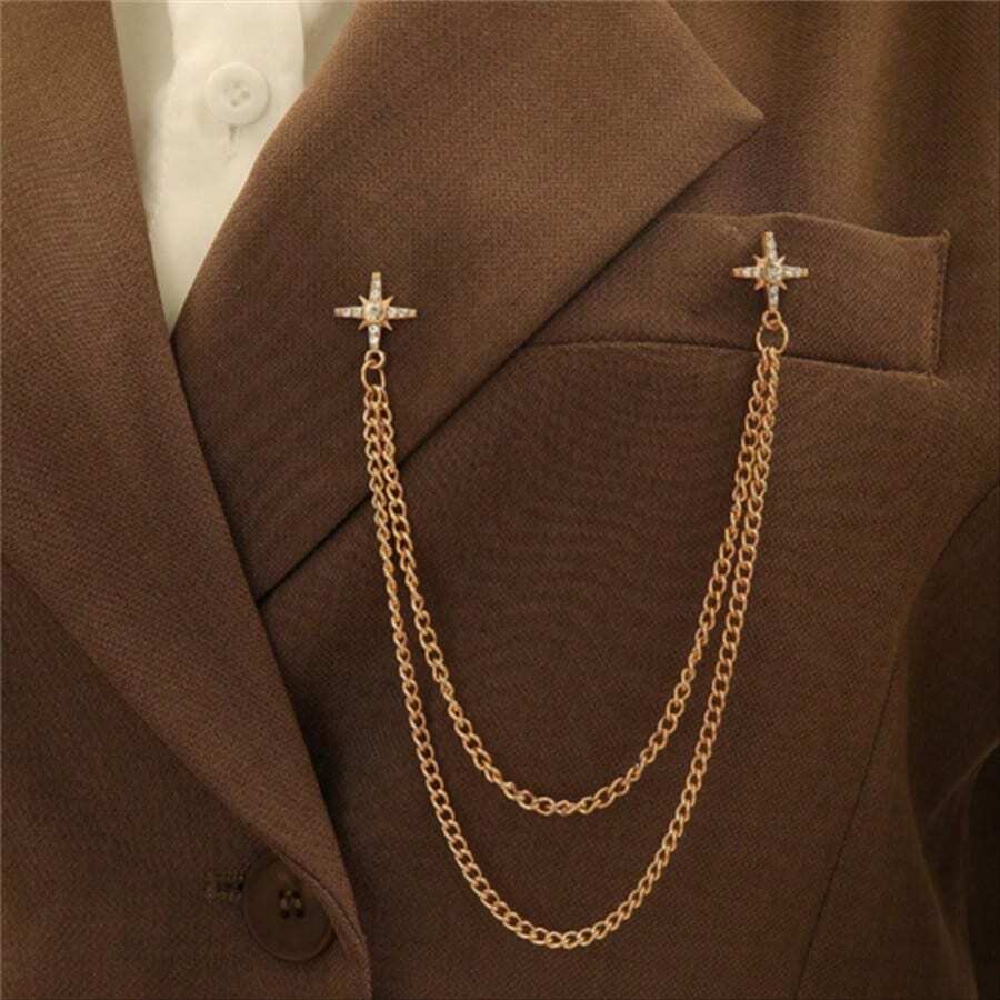 1pc Women's Double Layer Metal Chain Gold Rhinestone Cross Star Brooch, Detachable Fashion Decorative Accessory, Suitable For Daily Casual Wear, Holiday Gift - Gold - View 1