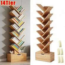 Large Capacity Tree-Shaped Freestanding Bookshelf - Easy Assembly Storage Organizer For Home Office, Standing Shelf - Yellow - View 1