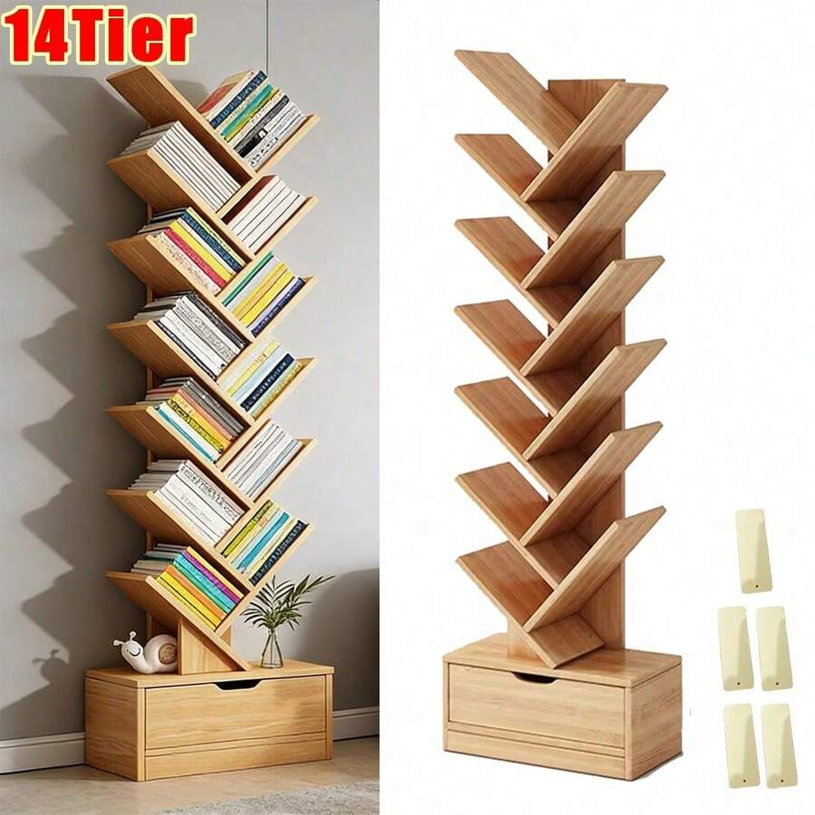 Large Capacity Tree-Shaped Freestanding Bookshelf - Easy Assembly Storage Organizer For Home Office, Standing Shelf - Yellow - View 1