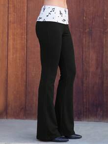 Fall Y2K Contrast Waist Flare Pants, Black Low Rise Bell Bottom Trousers With White Music Note Printed Fold Over Waistband, Slim Stretchy Casual Pants - Black - View 4