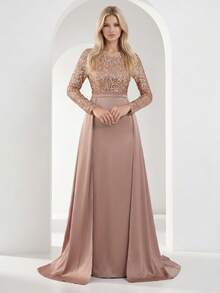 YISIKADO Women's Elegant Sequins Long Sleeve Maxi Mermaid Formal Party Dress With Round Neck - Champagne - View 1